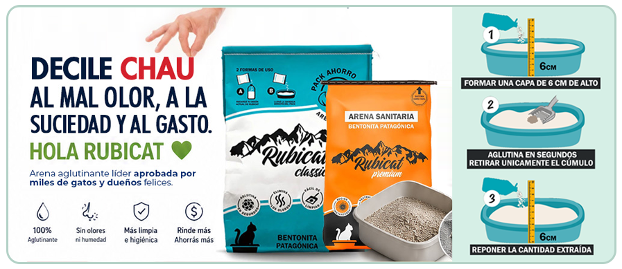 Productos Rubicat Classic y Premium — arena sanitaria aglomerante para gatos disponible con envío en Villa Ballester, San Andrés, Chilavert y Malaver